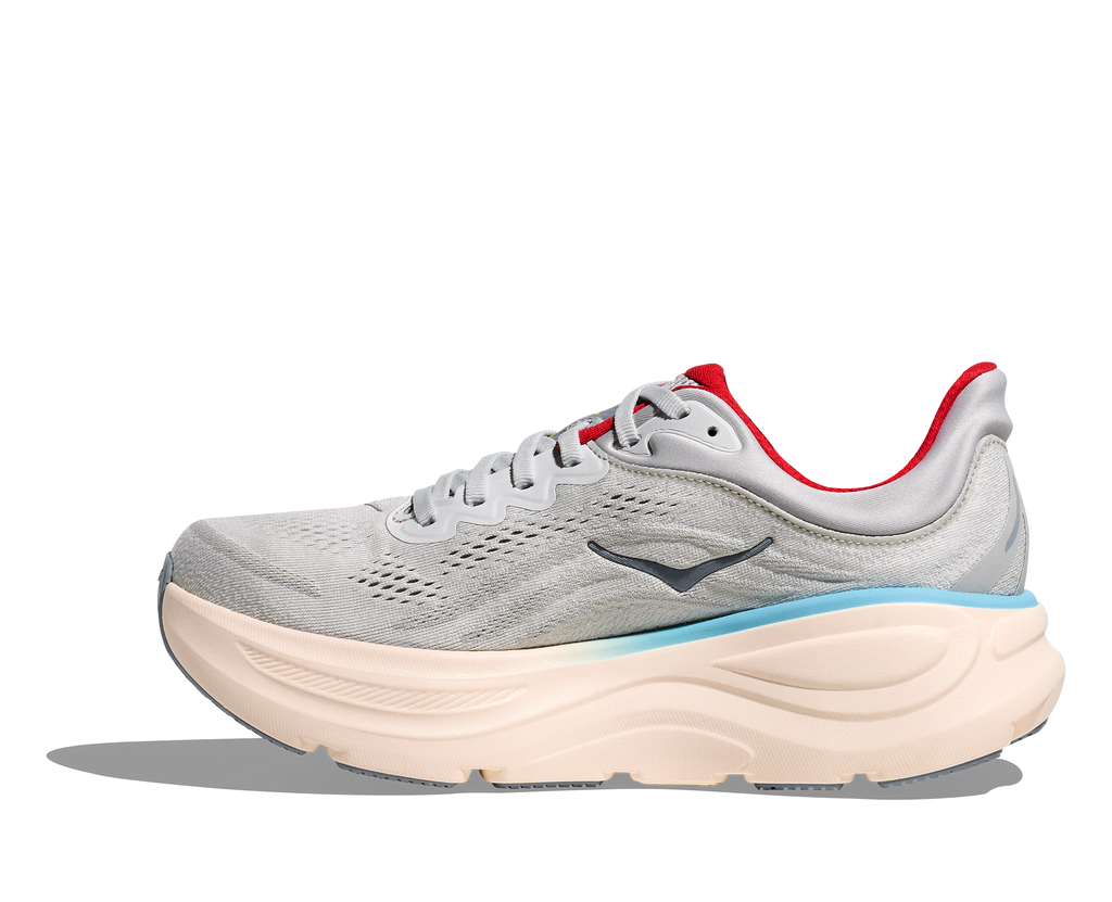 Women's Hoka Bondi 9. Light Grey upper. White midsole. Medial view.