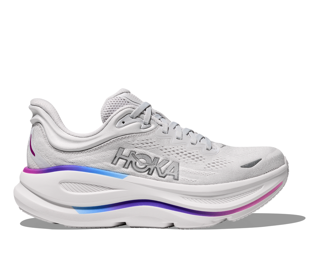 Women's Hoka Bondi 9. Grey upper. White midsole. Lateral view.