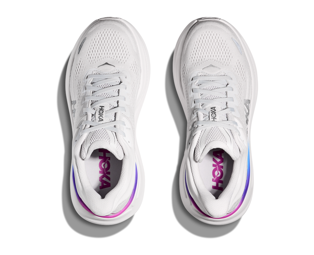 Women's Hoka Bondi 9. Grey upper. White midsole. Top view.