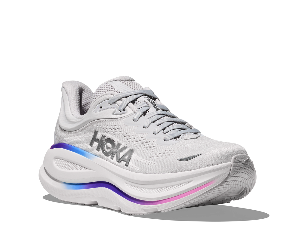 Women's Hoka Bondi 9. Grey upper. White midsole. Lateral view.