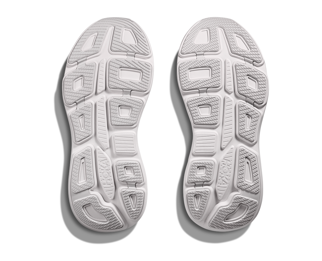 Women's Hoka Bondi 9. Grey upper. White midsole. Bottom view.