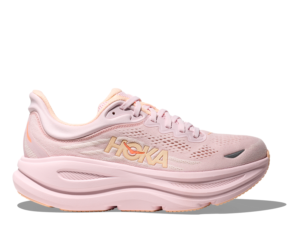 Women's Hoka Bondi 9. Lilac upper. Lilac midsole. Lateral view.