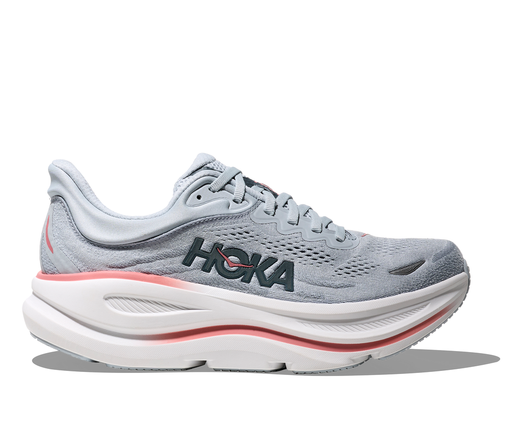 Women's Hoka Bondi 9. Light Blue upper. White midsole. Lateral view.