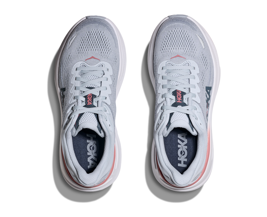 Women's Hoka Bondi 9. Light Blue upper. White midsole. Top view.