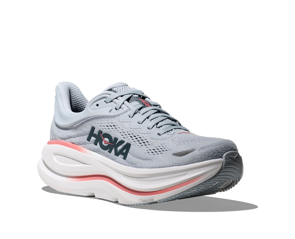 Women's Hoka Bondi 9. Light Blue upper. White midsole. Lateral view.