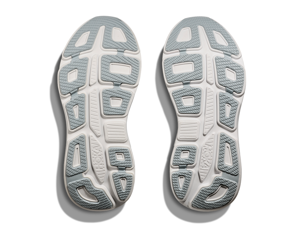 Women's Hoka Bondi 9. Light Blue upper. White midsole. Bottom view.