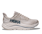 Men's Hoka Clifton 10. Light Grey upper. White midsole. Lateral view.