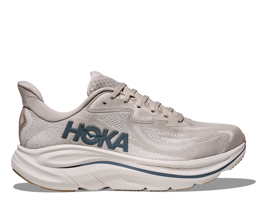 Men's Hoka Clifton 10. Light Grey upper. White midsole. Lateral view.