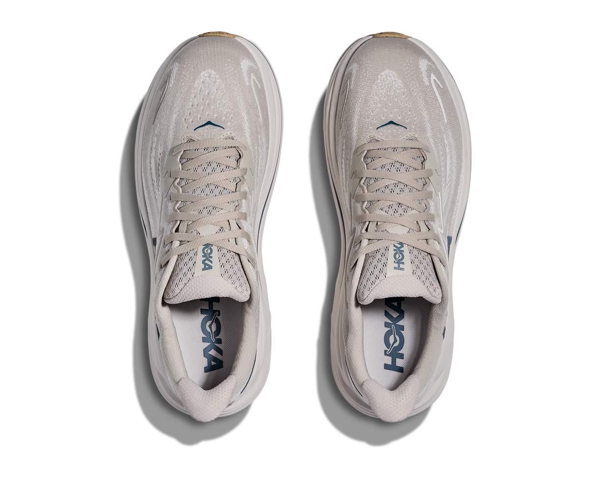 Men's Hoka Clifton 10. Light Grey upper. White midsole. Top view.