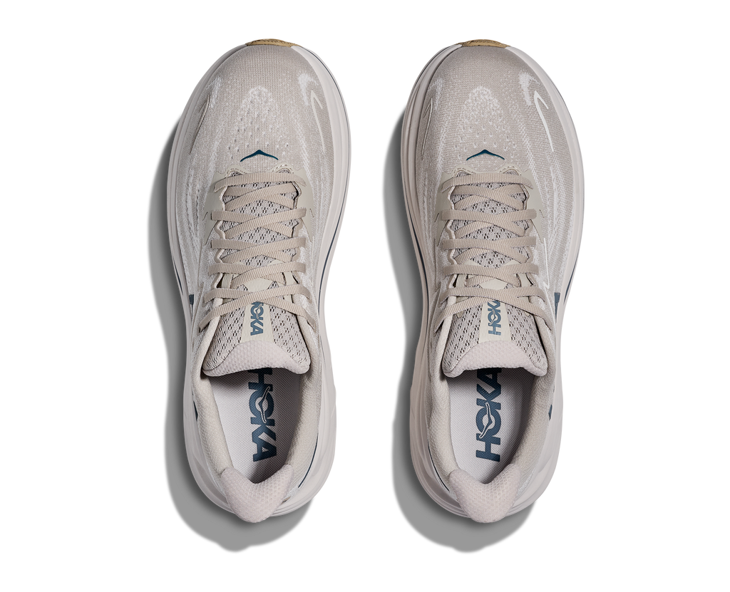 Men's Hoka Clifton 10. Light Grey upper. White midsole. Top view.