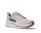 Men's Hoka Clifton 10. Light Grey upper. White midsole. Lateral view.