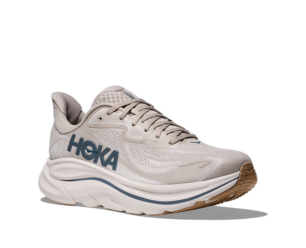 Men's Hoka Clifton 10. Light Grey upper. White midsole. Lateral view.