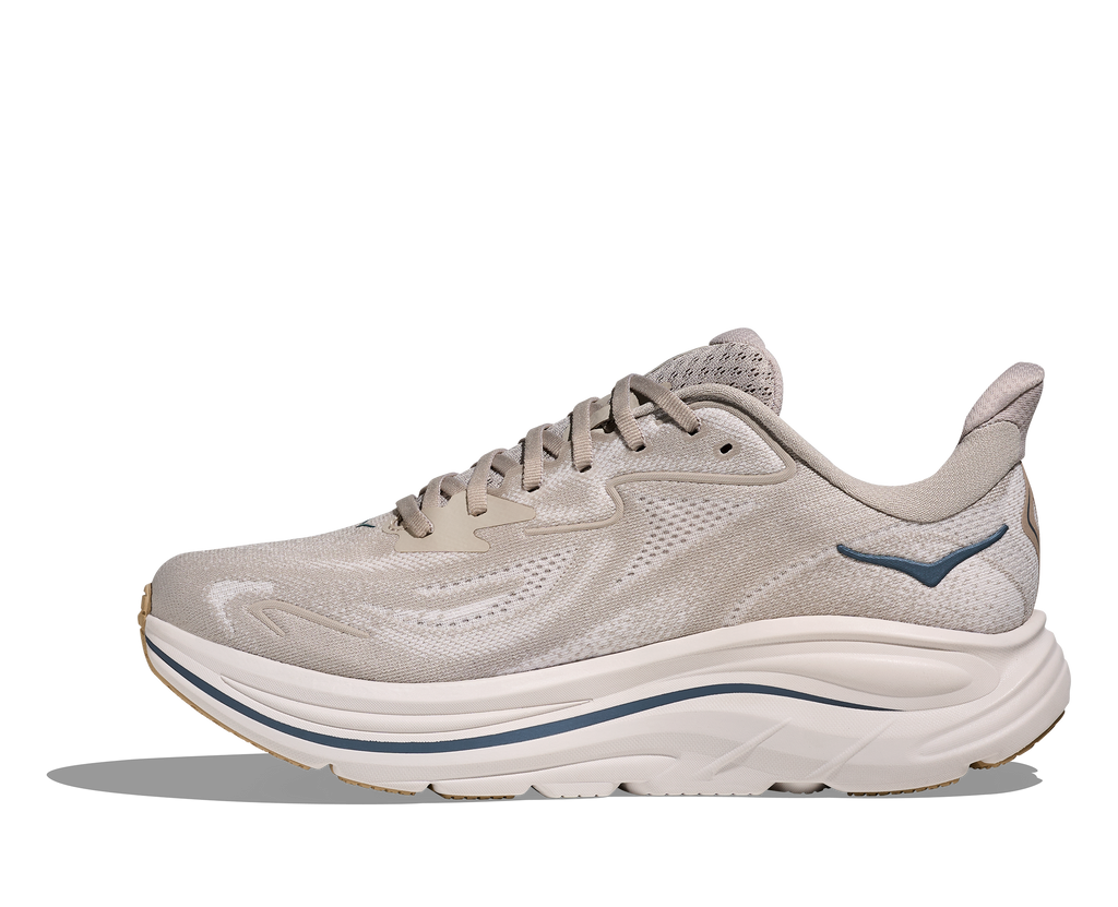 Men's Hoka Clifton 10. Light Grey upper. White midsole. Medial view.