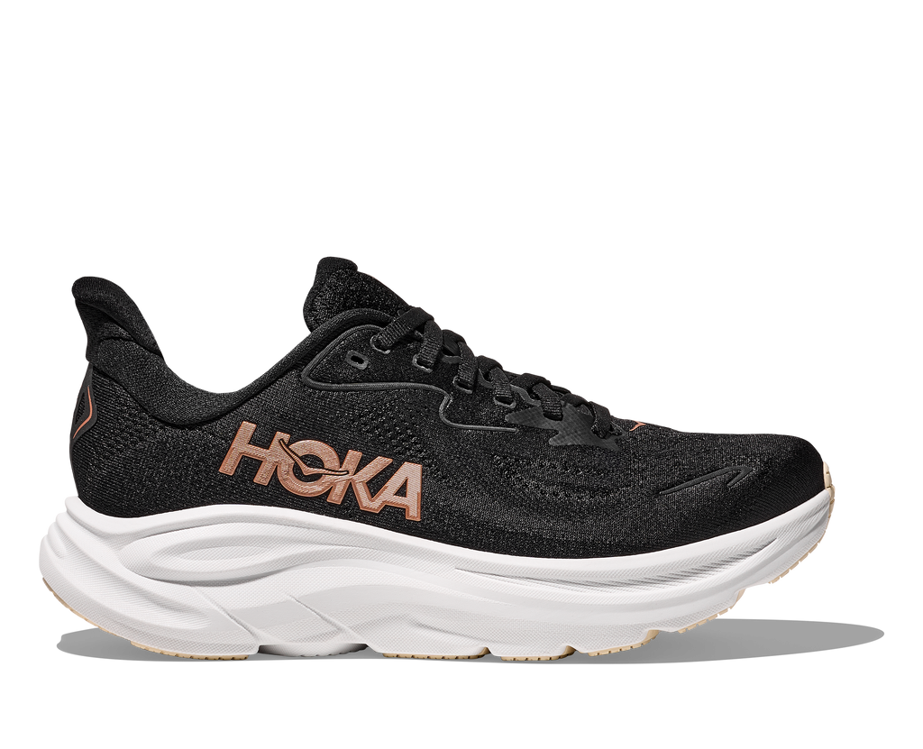 Women's Hoka Clifton 10. Black upper. White midsole. Lateral view.