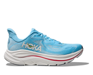 Women's Hoka Clifton 10. Light Blue upper. White midsole. Lateral view.