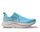 Women's Hoka Clifton 10. Light Blue upper. White midsole. Lateral view.