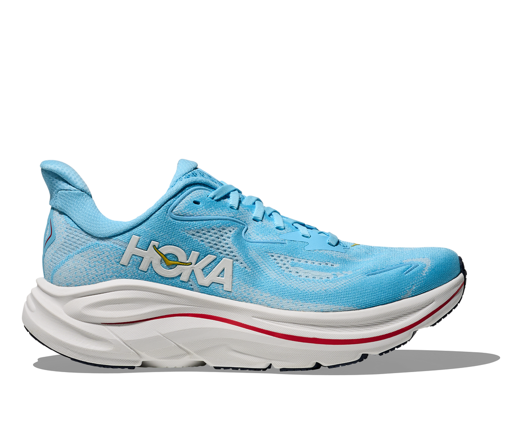 Women's Hoka Clifton 10. Light Blue upper. White midsole. Lateral view.
