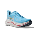 Women's Hoka Clifton 10. Light Blue upper. White midsole. Lateral view.
