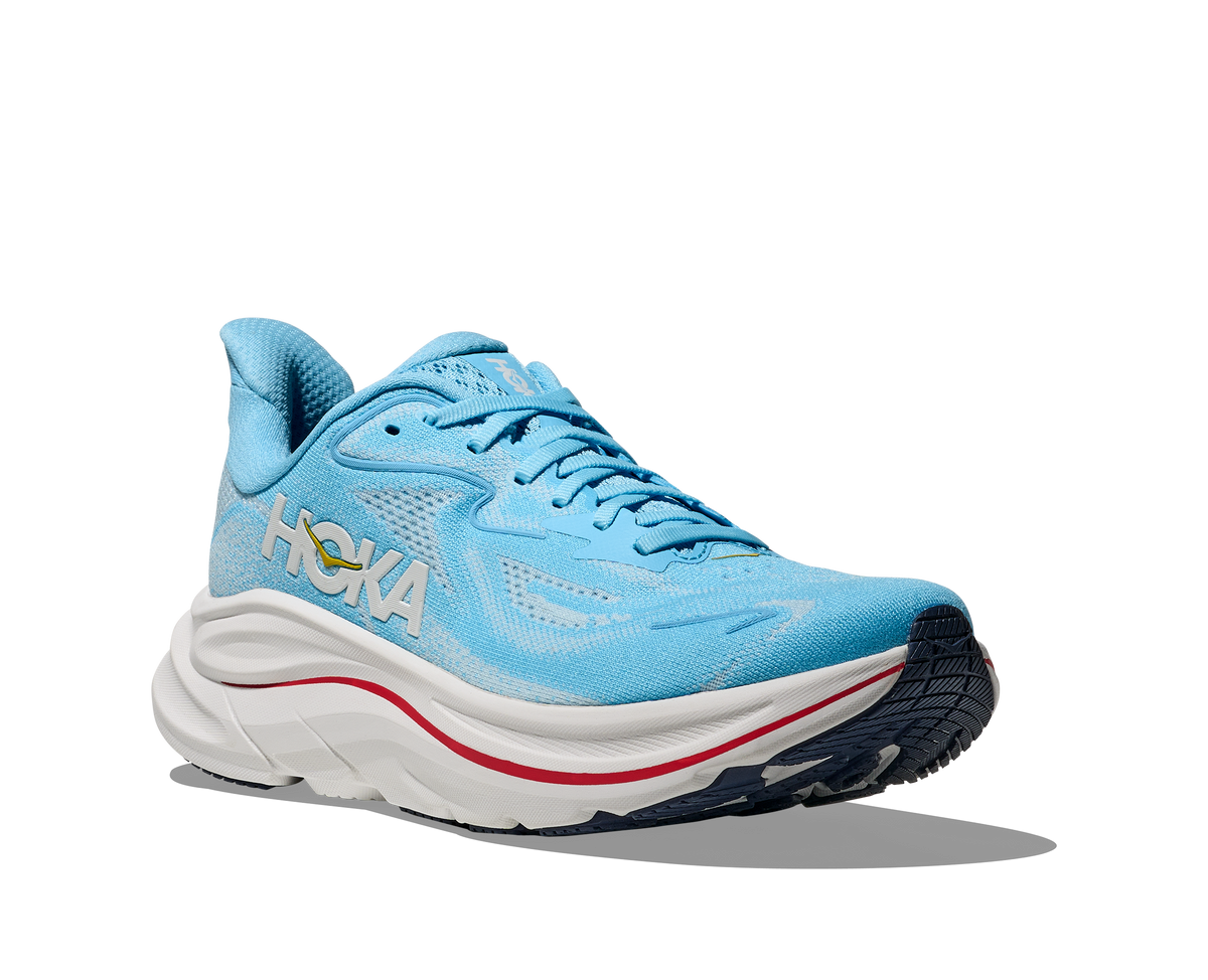 Women's Hoka Clifton 10. Light Blue upper. White midsole. Lateral view.