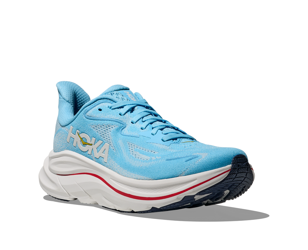 Women's Hoka Clifton 10. Light Blue upper. White midsole. Lateral view.