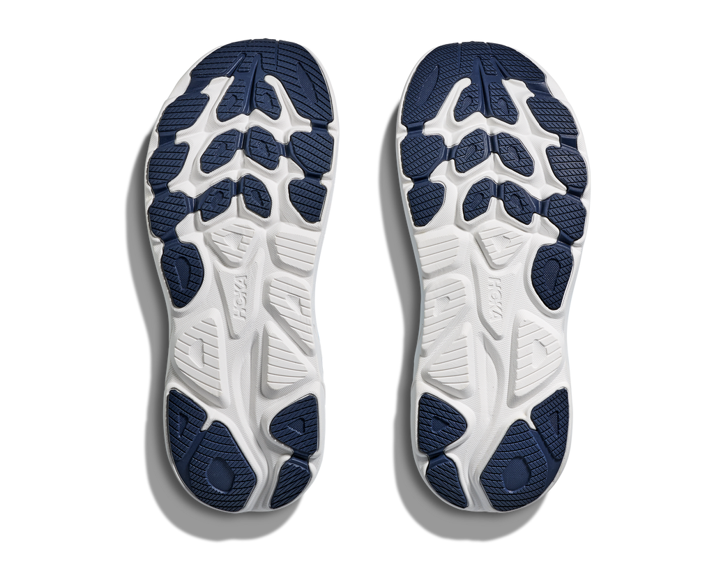 Women's Hoka Clifton 10. Light Blue upper. White midsole. Bottom view.