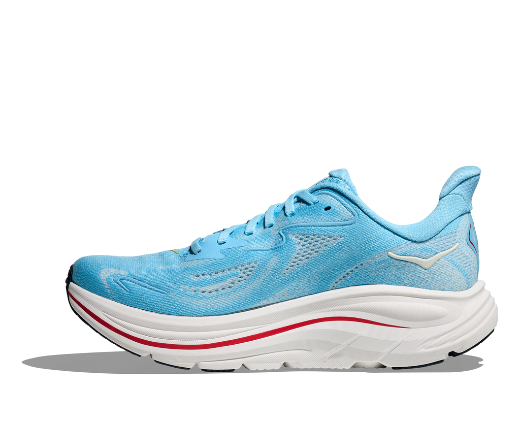Women's Hoka Clifton 10. Light Blue upper. White midsole. Medial view.