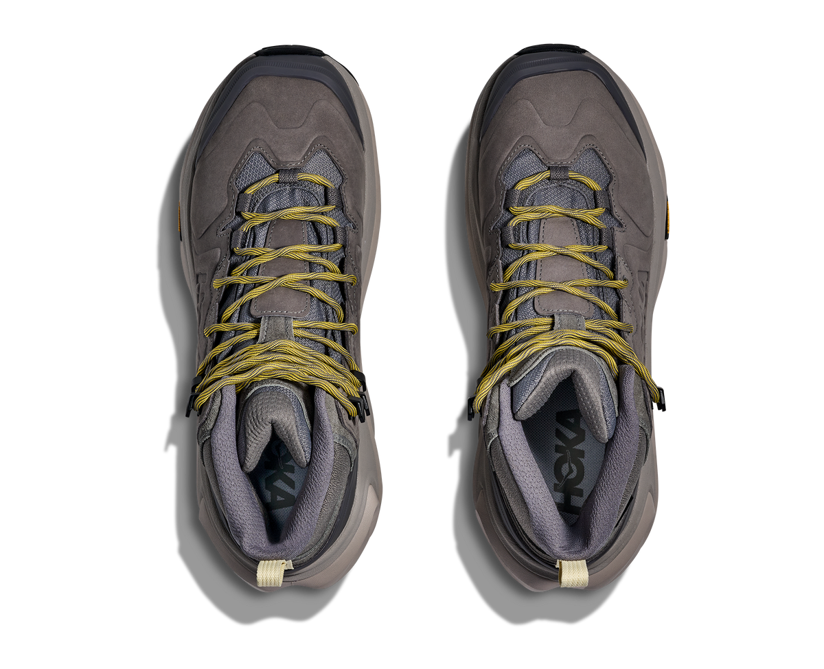 Men's Hoka Kaha GTX 3. Grey upper. Grey midsole. Top view.