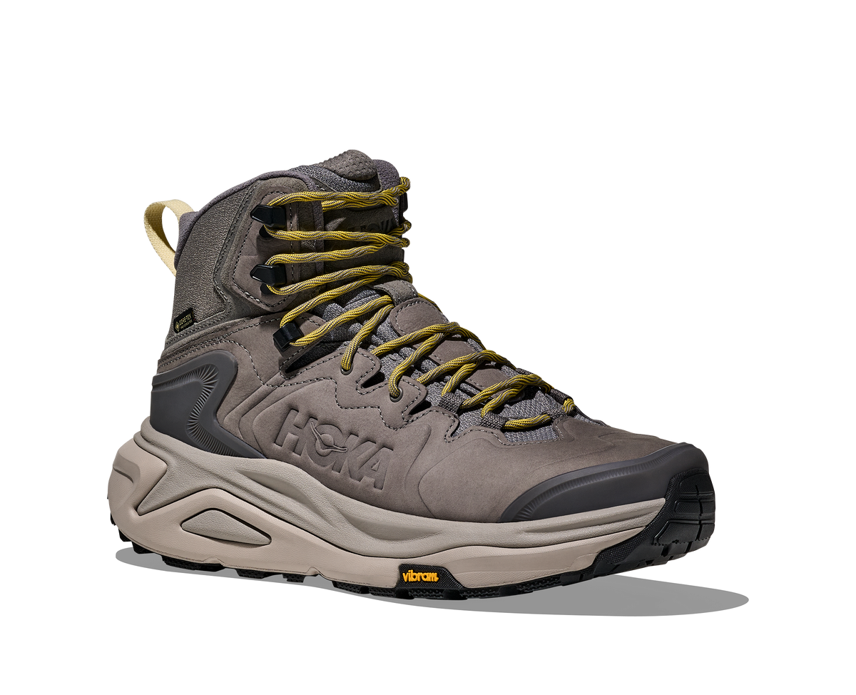 Men's Hoka Kaha GTX 3. Grey upper. Grey midsole. Lateral view.