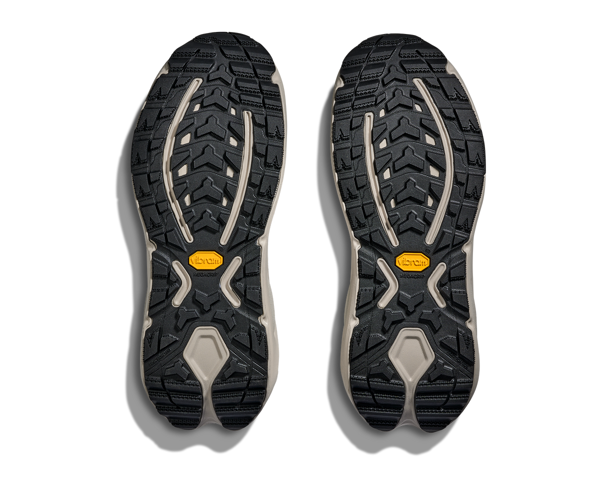 Men's Hoka Kaha GTX 3. Grey upper. Grey midsole. Bottom view.