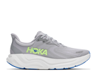Men's Hoka Arahi 8. Grey upper. White midsole. Lateral view.