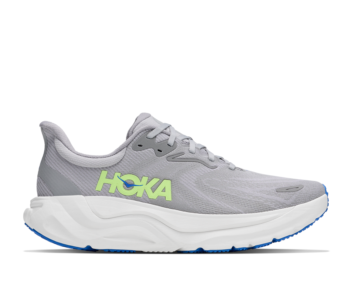 Men's Hoka Arahi 8. Grey upper. White midsole. Lateral view.