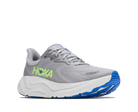 Men's Hoka Arahi 8. Grey upper. White midsole. Lateral view.