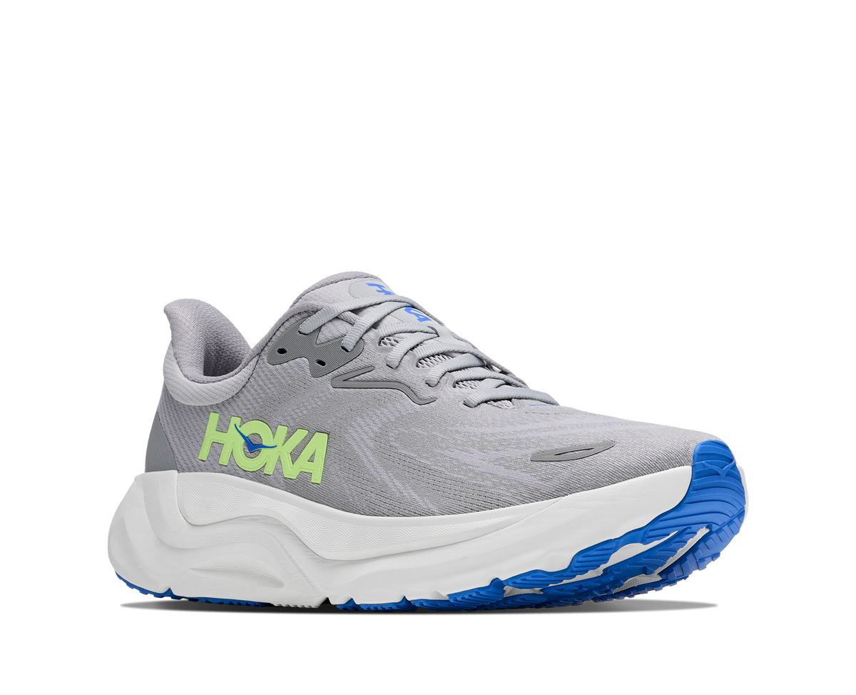 Men's Hoka Arahi 8. Grey upper. White midsole. Lateral view.