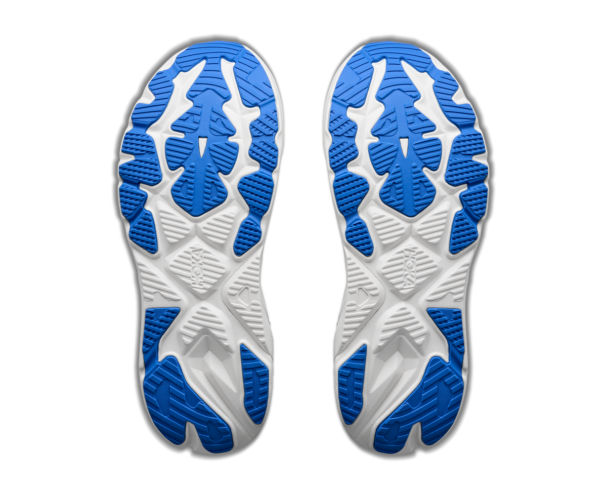 Men's Hoka Arahi 8. Grey upper. White midsole. Bottom view.