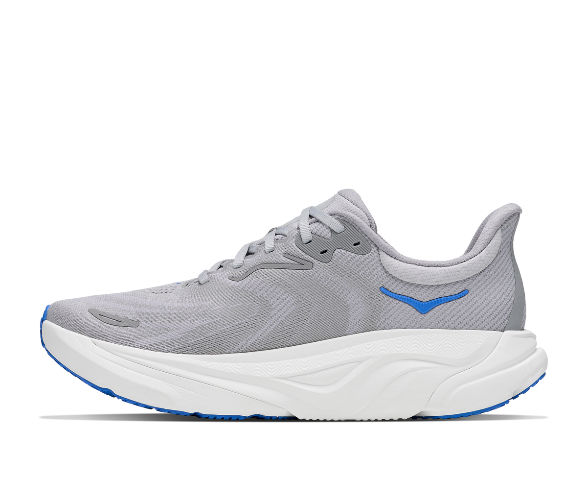 Men's Hoka Arahi 8. Grey upper. White midsole. Medial view.