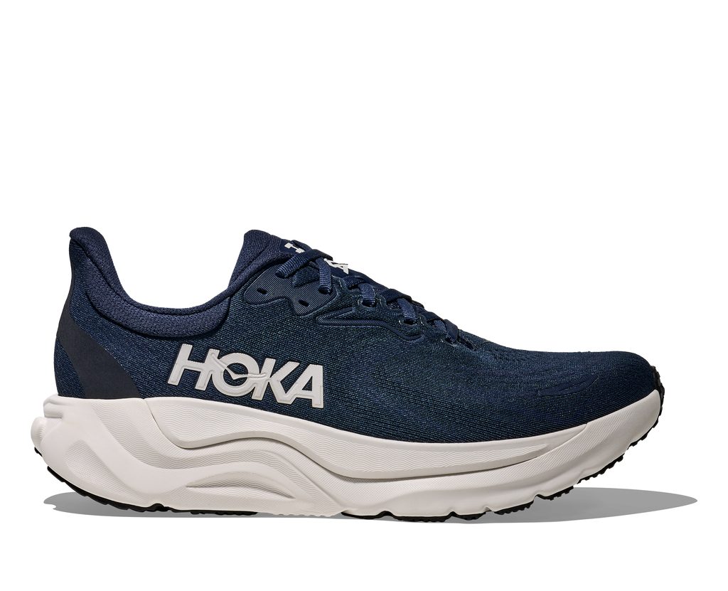 Men's Hoka Arahi 8. Navy upper. White midsole. Lateral view.