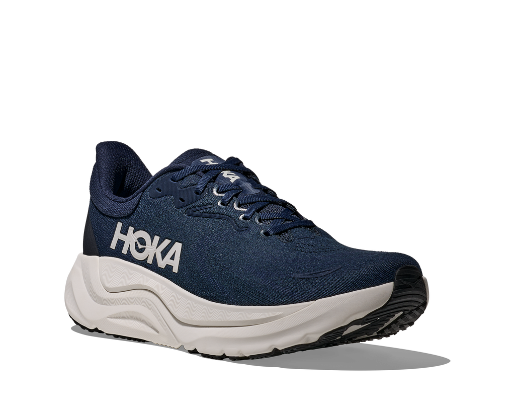 Men's Hoka Arahi 8. Navy upper. White midsole. Lateral view.
