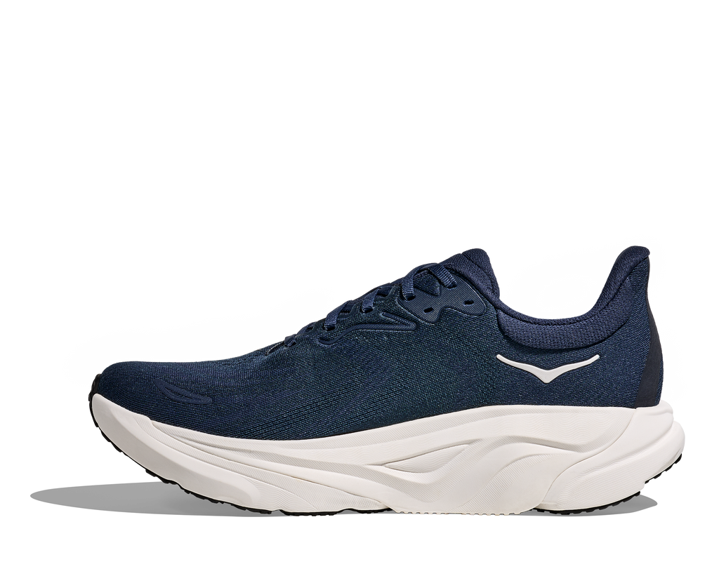 Men's Hoka Arahi 8. Navy upper. White midsole. Medial view.