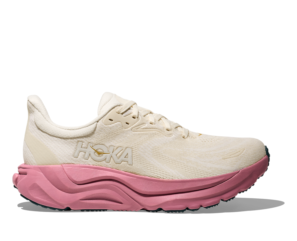 Women's Hoka Arahi 8. White upper. Dark Pink Midsole. Lateral view.