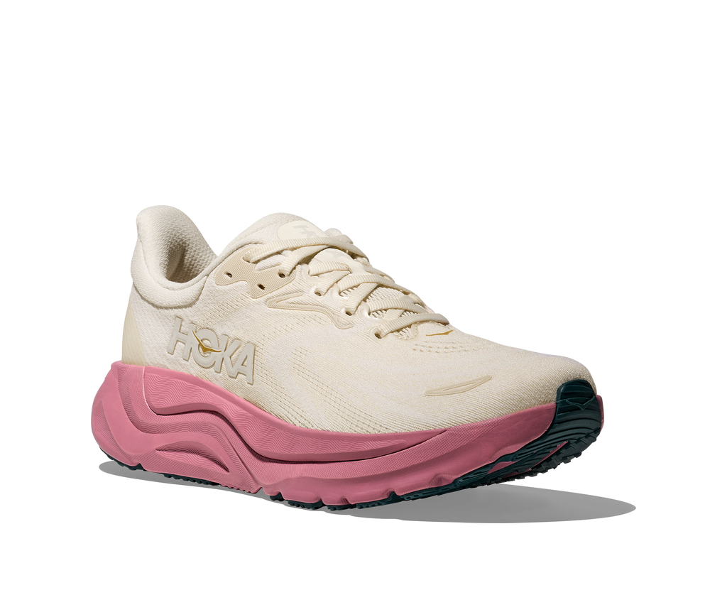 Women's Hoka Arahi 8. White upper. Dark Pink Midsole. Lateral view.