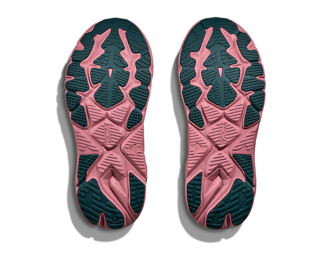 Women's Hoka Arahi 8. White upper. Dark Pink Midsole. Bottom view.