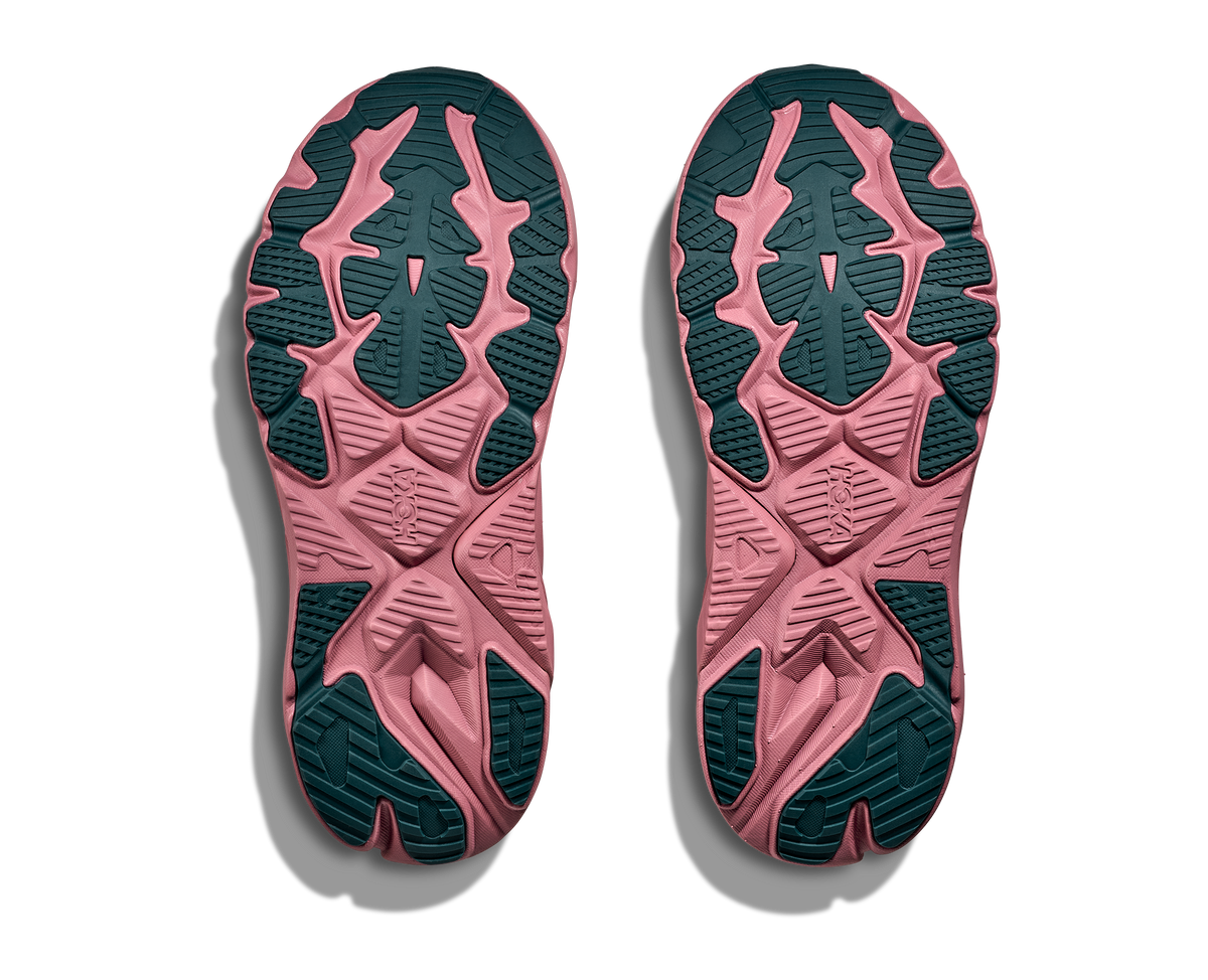 Women's HOKA Arahi 8 in Alabaster/Lingonberry, outsole view.