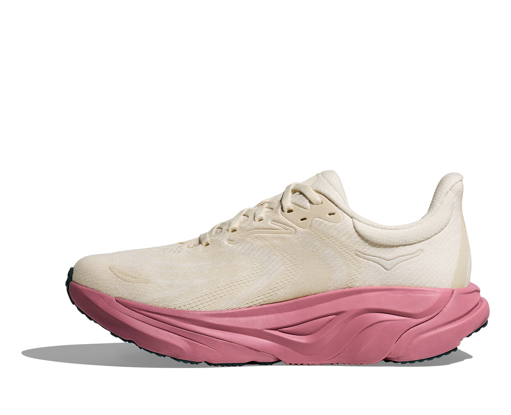Women's Hoka Arahi 8. White upper. Dark Pink Midsole. Medial view.