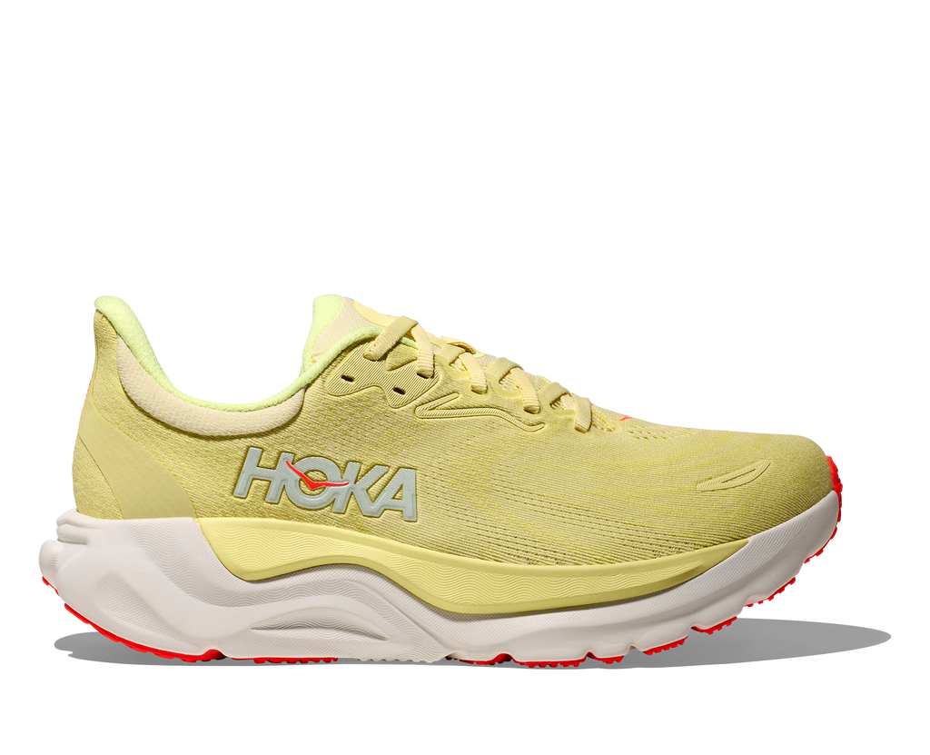 Women's Hoka Arahi 8. Yellow upper. White midsole. Lateral view.