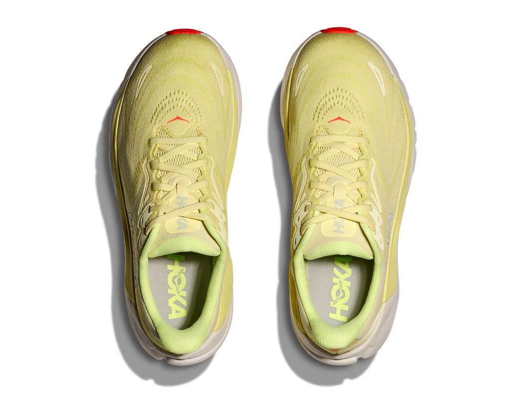 Women's Hoka Arahi 8. Yellow upper. White midsole. Top view.