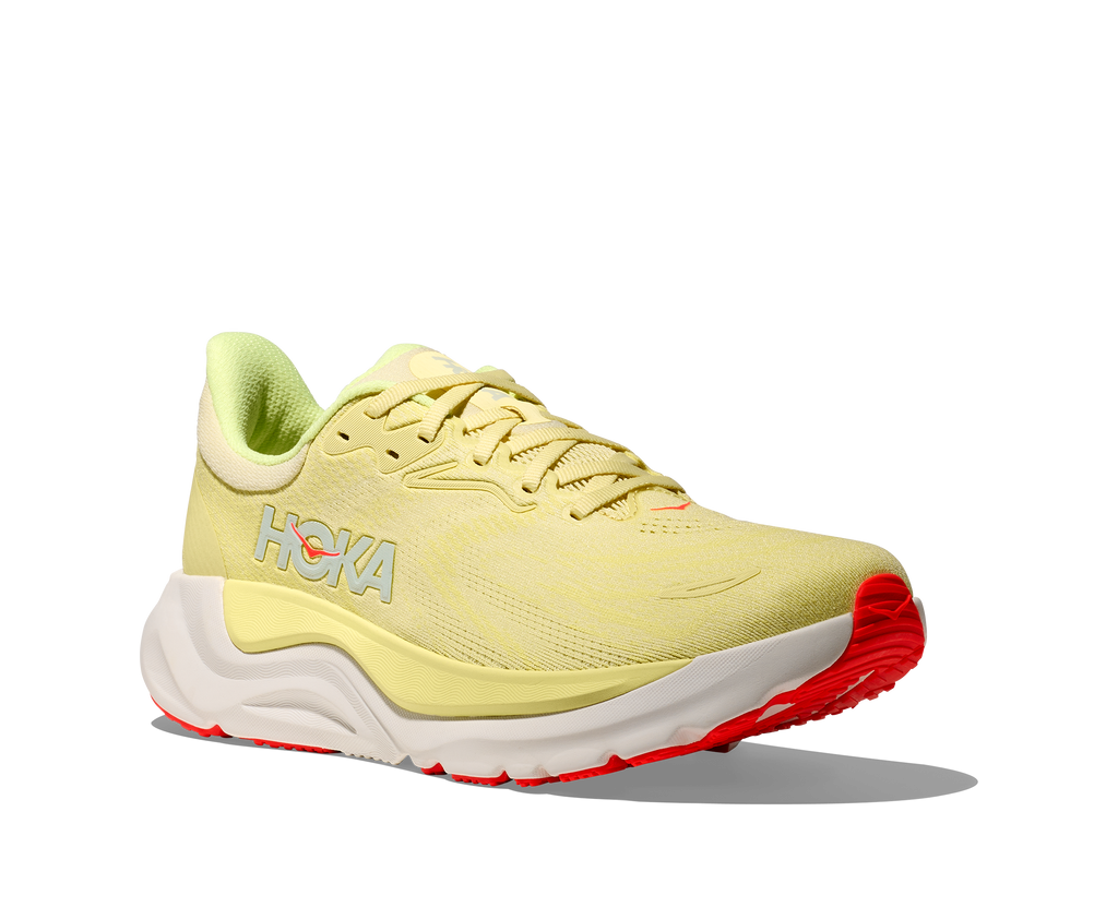 Women's Hoka Arahi 8. Yellow upper. White midsole. Lateral view.