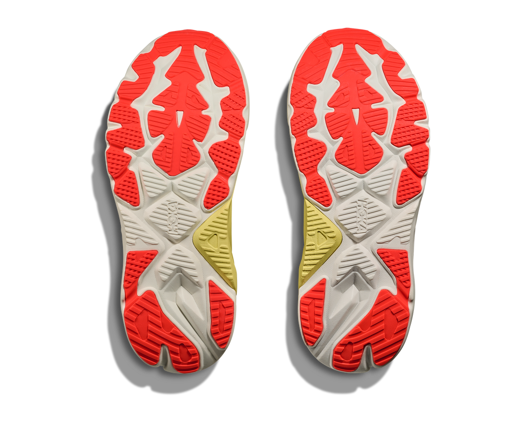 Women's Hoka Arahi 8. Yellow upper. White midsole. Bottom view.