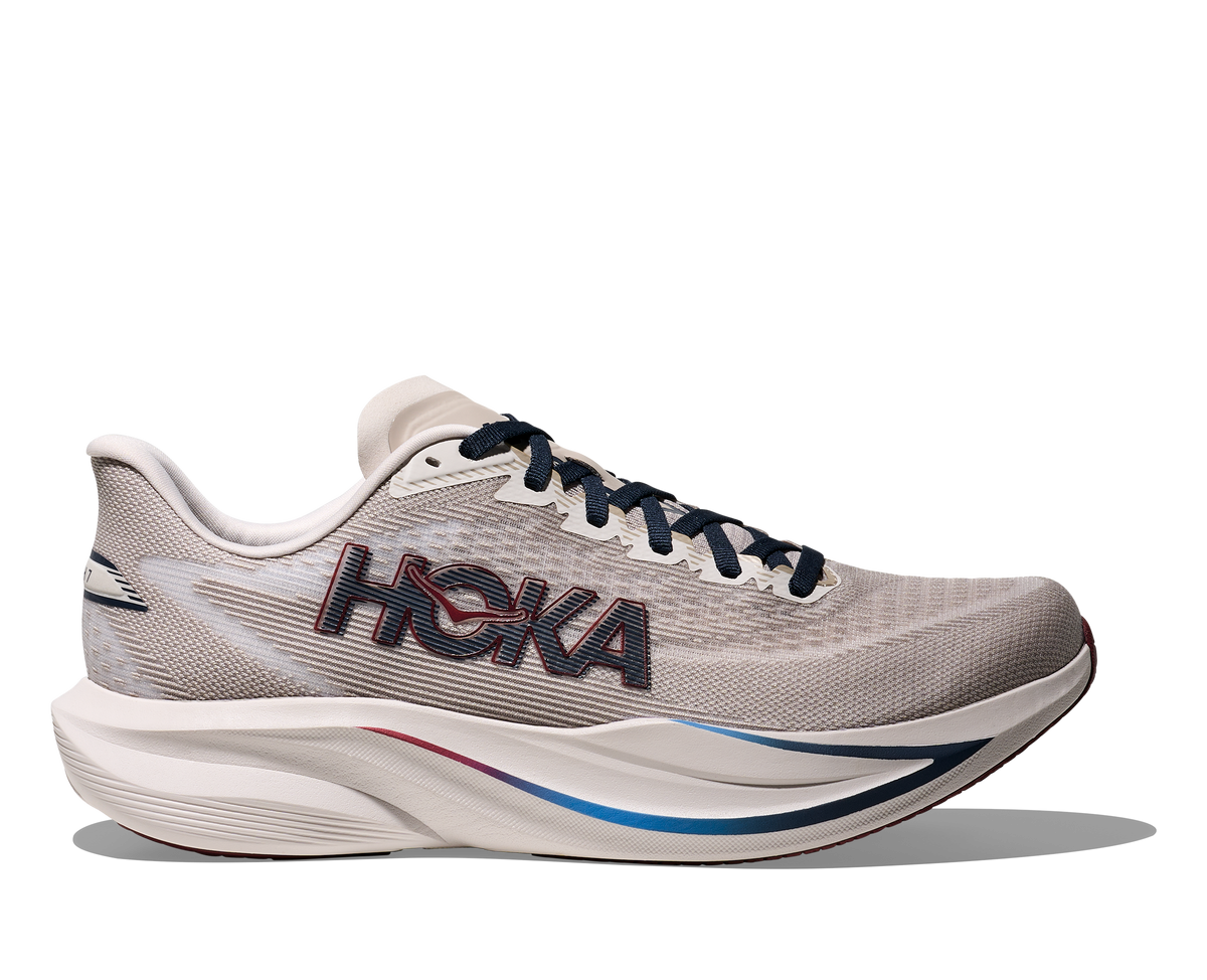 Men's Hoka Mach 7. Grey upper. White midsole. Lateral view.