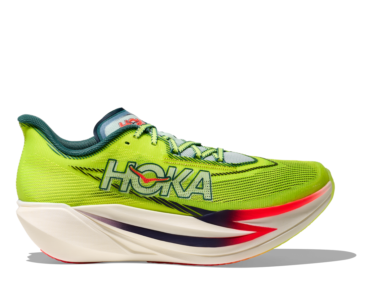 Hoka Cielo X1 3.0. Yellow upper. White midsole. Lateral view.