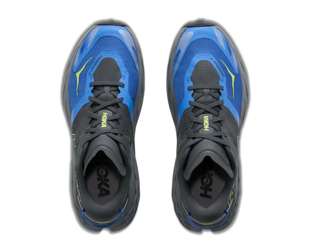 Men's HOKA Speedgoat 7 in Outer Orbit/Virtual Blue, top view.